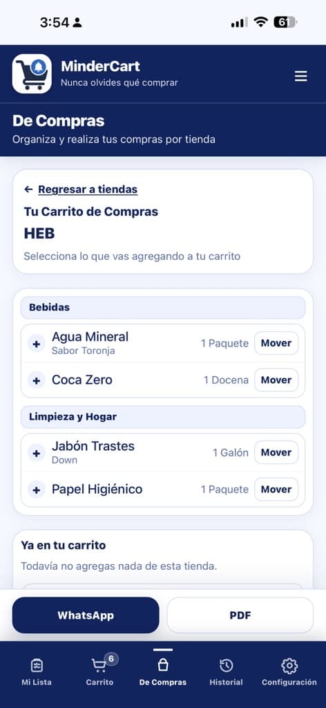 Lista de HEB organizada por categorías con opciones de WhatsApp y PDF
