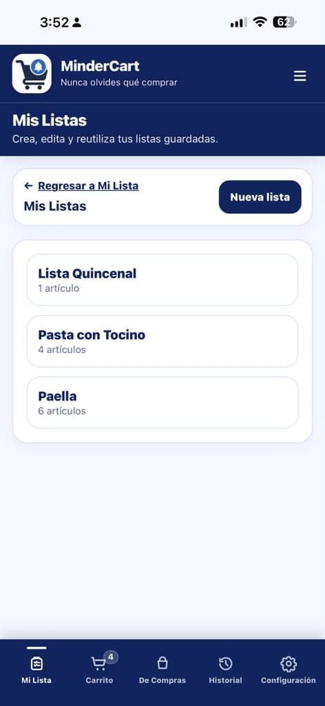 Listas personalizadas guardadas en MinderCart