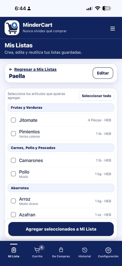 Lista de Paella abierta con sus artículos